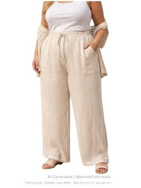 Coastal Flowy Wide Leg Pants Beige Relaxed Resort Lounge Minimalist 1X